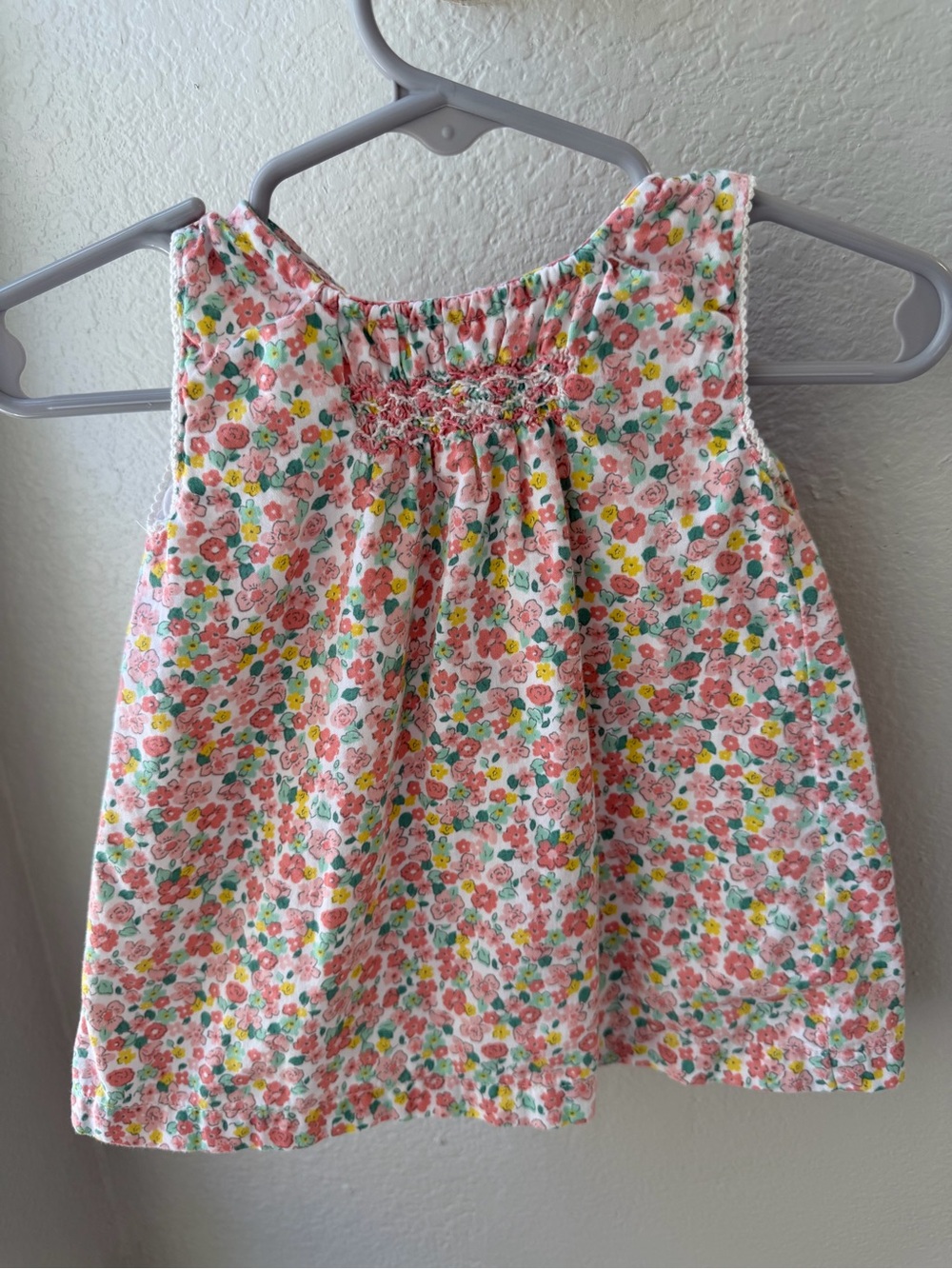 Girls Pink Floral Sleeveless Smocked Top